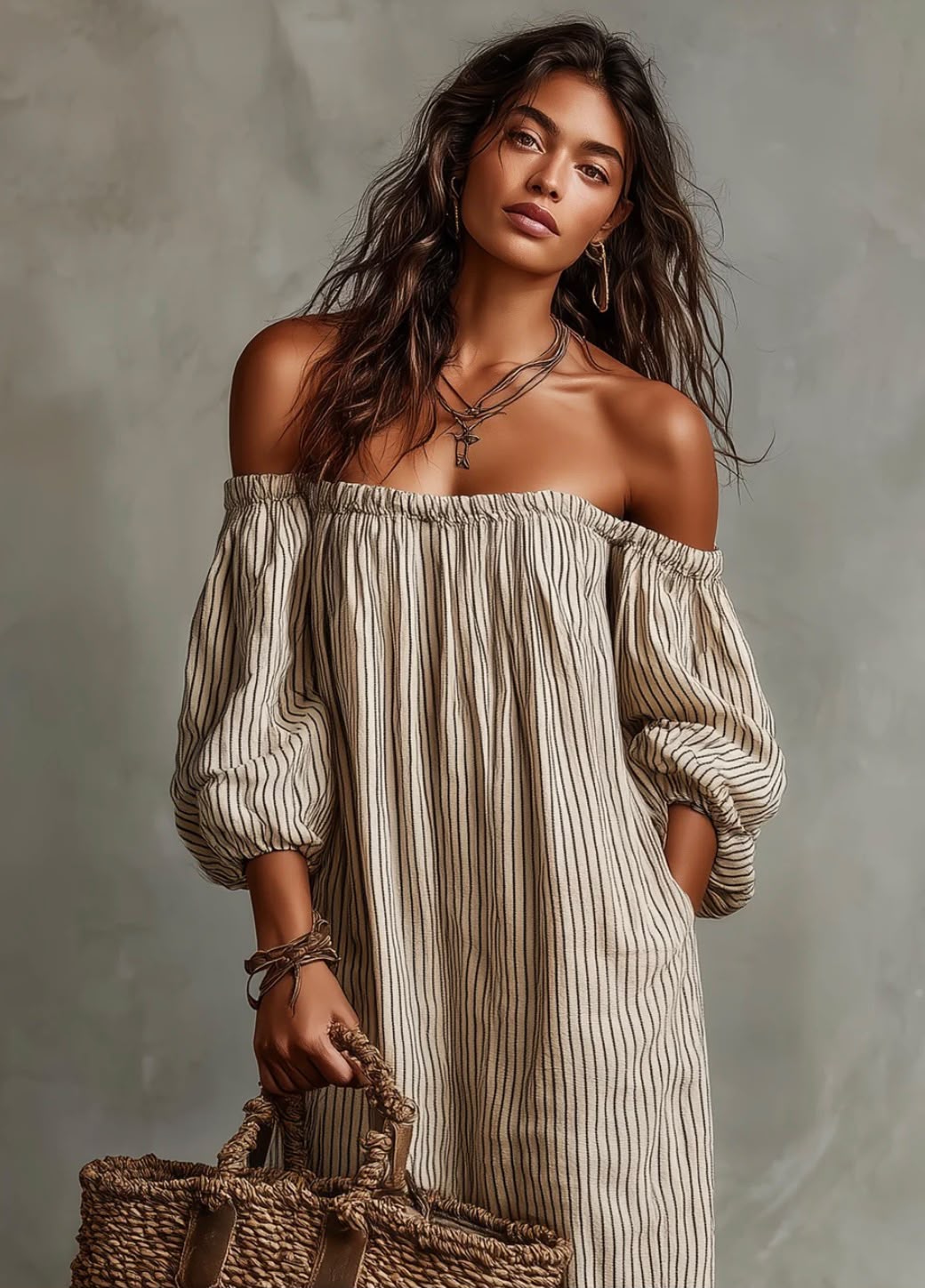 Carmen · Vestido largo con escote que deja los hombros al descubierto