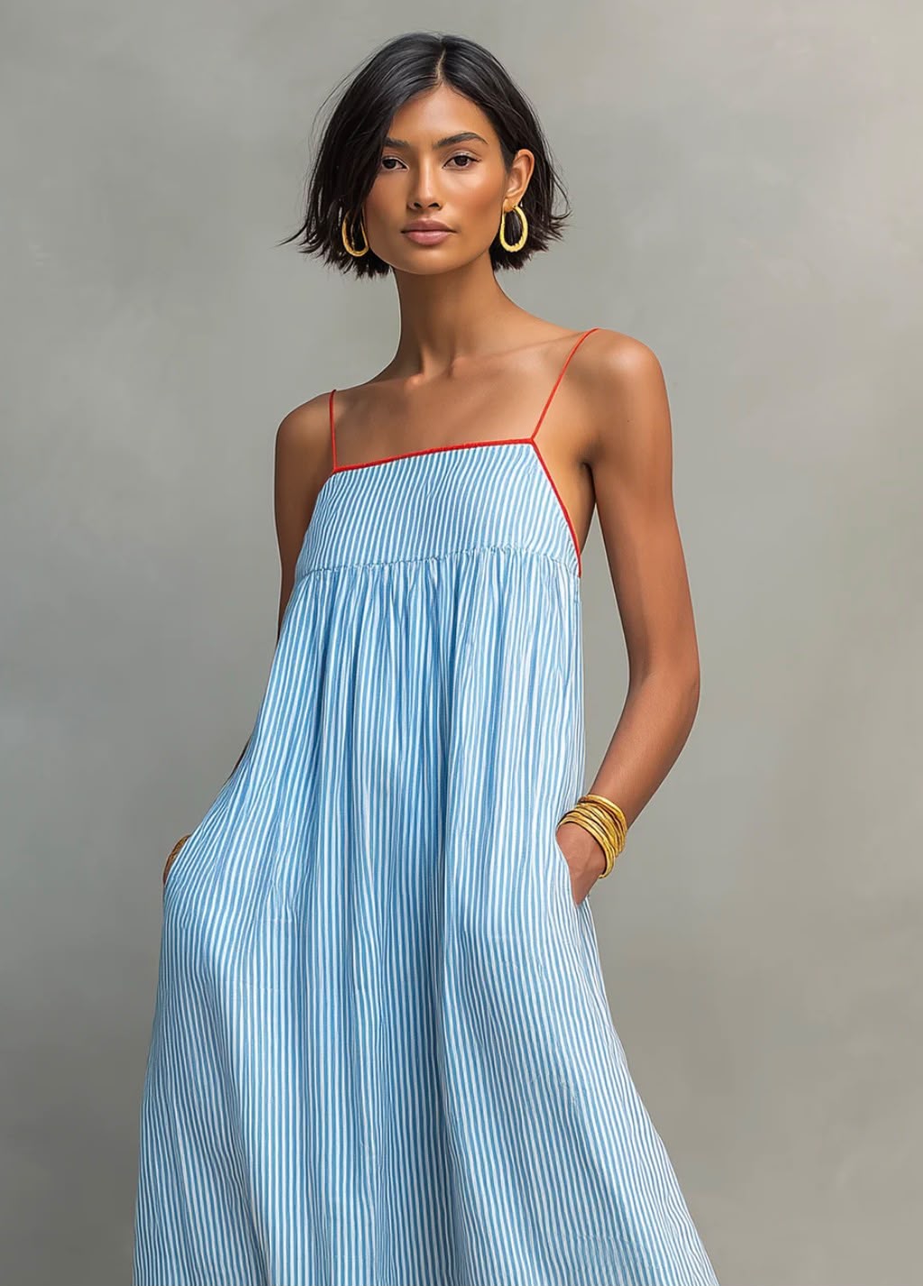 Nora · Vestido azul fluido con bolsillos