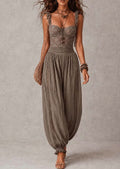 Nieves • Conjunto de bandeau de encaje gris y pantalones harem de algodón plisados