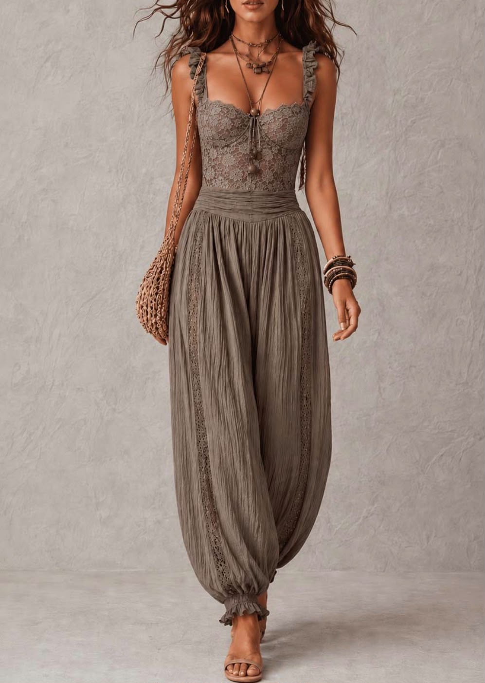 Nieves • Conjunto de bandeau de encaje gris y pantalones harem de algodón plisados