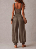 Nieves • Conjunto de bandeau de encaje gris y pantalones harem de algodón plisados