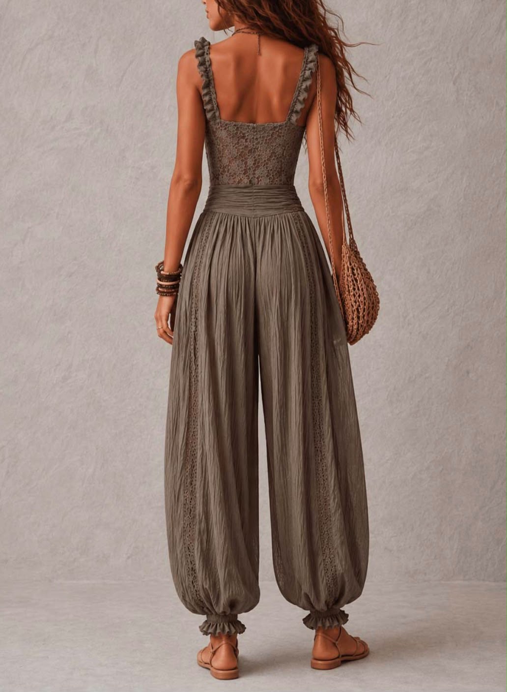 Nieves • Conjunto de bandeau de encaje gris y pantalones harem de algodón plisados
